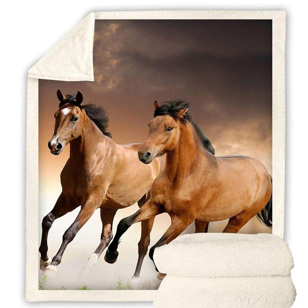 Plaid polaire Couverture imprimée chevaux marrons pour canapé ou lit