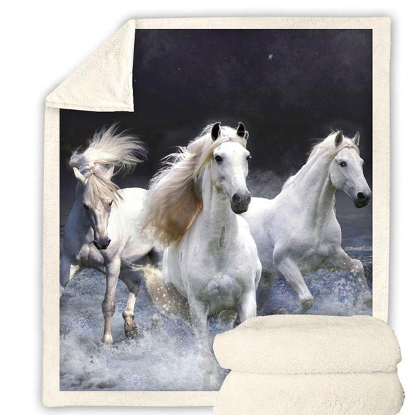 Plaid polaire Couverture imprimée trois chevaux blancs pour canapé ou lit