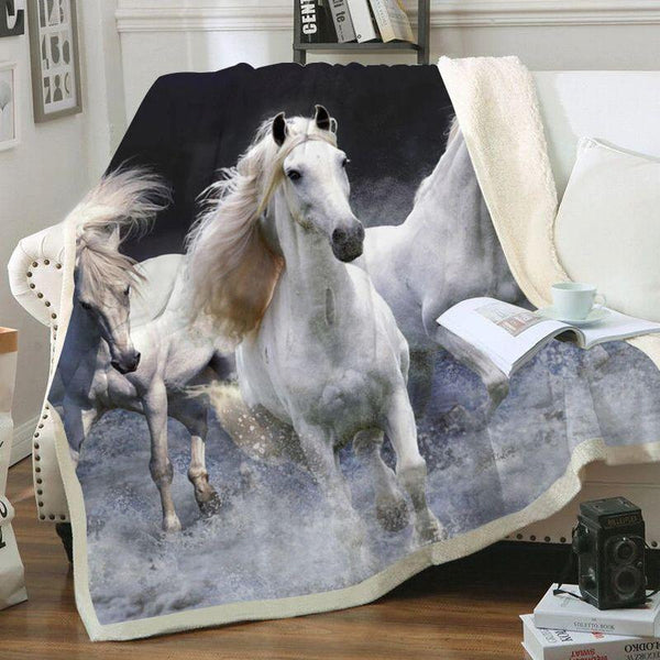 Plaid polaire Couverture imprimée trois chevaux blancs pour canapé ou lit