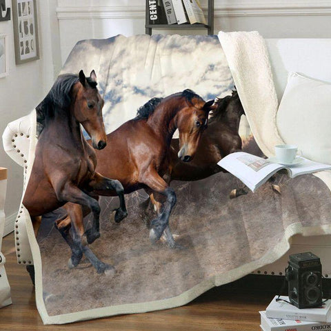 Plaid polaire Couverture imprimée trois chevaux marrons pour canapé ou lit