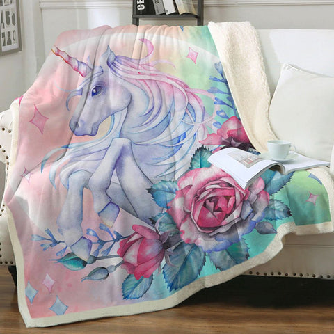 Plaid polaire Couverture imprimée Licorne et fleurs pour canapé ou lit