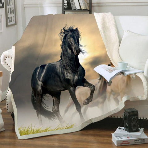 Plaid polaire Couverture imprimée cheval noir pour canapé ou lit