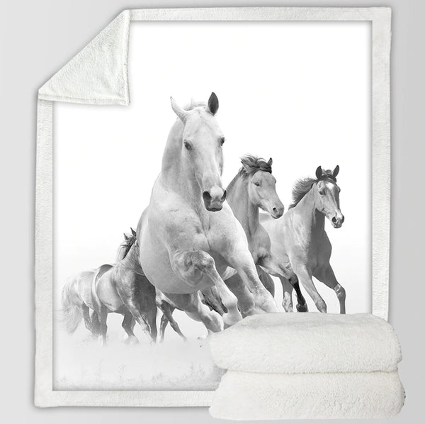 Plaid polaire Couverture imprimée chevaux blancs pour canapé ou lit