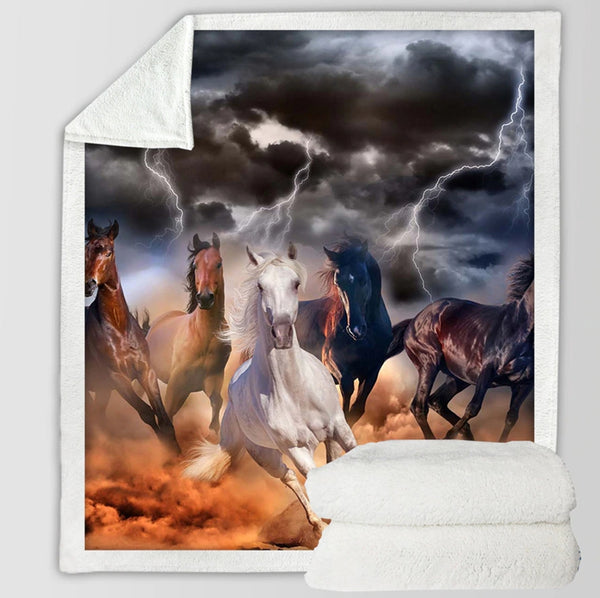Plaid polaire Couverture imprimée chevaux sur fond éclaires pour canapé ou lit
