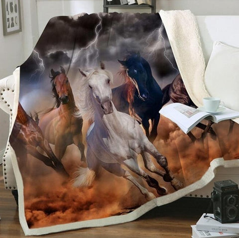 Plaid polaire Couverture imprimée chevaux sur fond éclaires pour canapé ou lit
