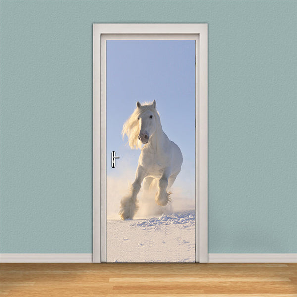 Poster de porte sticker mural autocollant imprimée HD Cheval blanc dans la neige