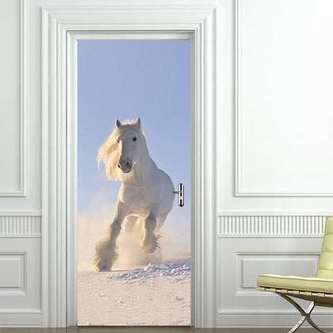 Poster de porte sticker mural autocollant imprimée HD Cheval blanc dans la neige