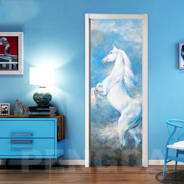 Poster de porte sticker mural autocollant imprimée HD Cheval blanc fond bleu
