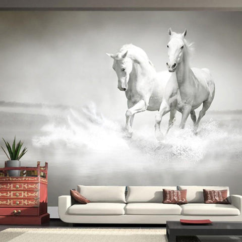 Poster mural imprimé HD - Chevaux licones blanches - Arc-en-ciel fond mauve
