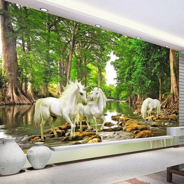 Poster mural imprimé HD - Chevaux licornes blanches en foret 
