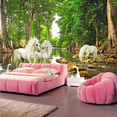 Poster mural imprimé HD - Chevaux licornes blanches en foret