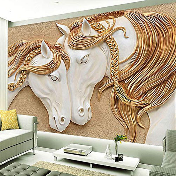 Poster mural imprimé HD - Sculpture chevaux trompe l'oeil 3D - têtes blanc et or