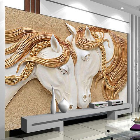 Poster mural imprimé HD - Sculpture chevaux trompe l'oeil 3D - têtes blanc et or