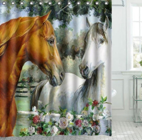 Rideaux de douche imprimés HD Dessin de chevaux dans un jardin fleuri