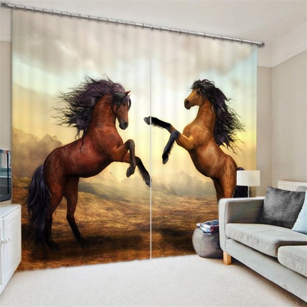 Rideaux imprimés HD Deux chevaux marrons debout crinière au vent