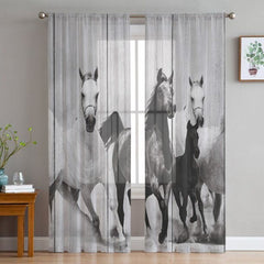 Rideaux voilage imprimés HD Galop de chevaux noirs et blancs