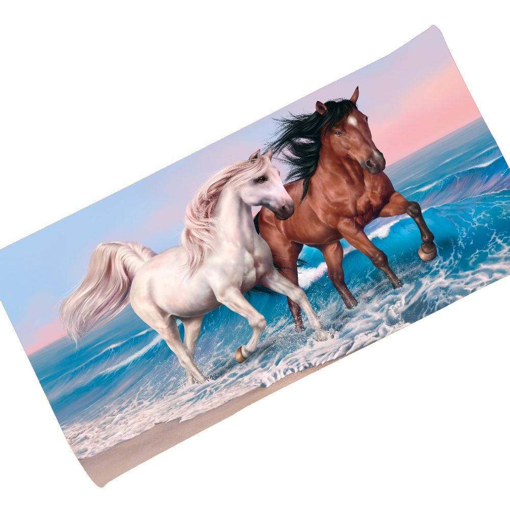 Serviettes de plage bain ou toilette imprimées - chevaux sur la plage