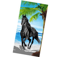 Serviettes de plage bain ou toilette imprimées - cheval noir sur la plage