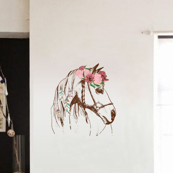 Sticker mural Déco tete de cheval et couronne de fleurs
