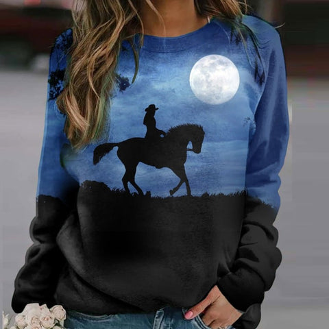 Sweat-shirt - impression sublimation Cavalière sur son cheval - Clair de lune