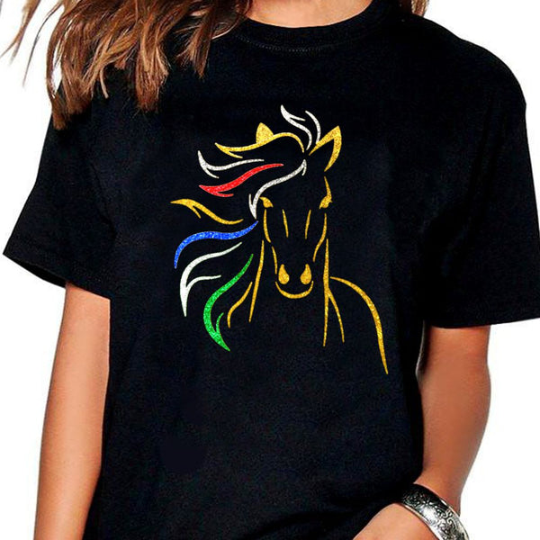 T-Shirt - Transfert Paillettes multicolores Cheval couleur