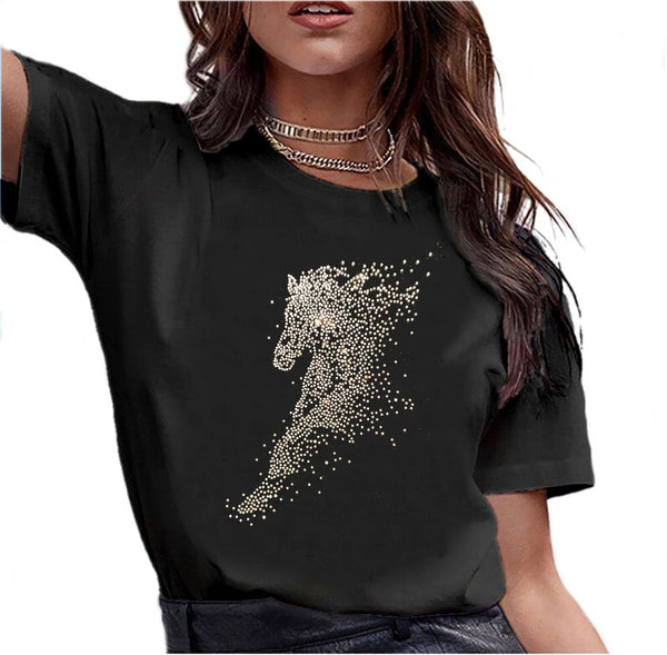 T-Shirt - Transfert Strass de cristaux Cheval pointillisme
