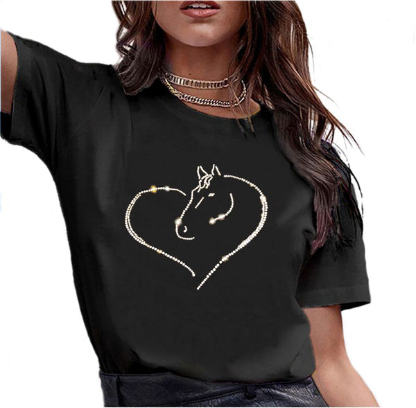T-Shirt - Transfert Strass de cristaux Coeur Cheval