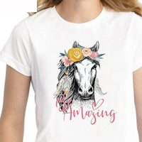 T-Shirt - impression cheval et fleurs