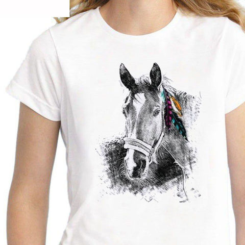 T-Shirt - impression cheval et plumes