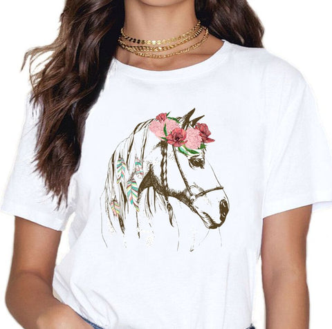 T-Shirt - impression cheval et plumes et fleurs