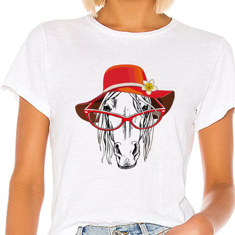 T-Shirt - imprimé cheval humour chapeau et lunettes