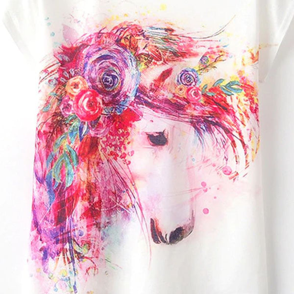 T-Shirt - impression cheval licorne et crinière de fleurs