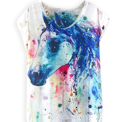 T-Shirt d'été, femme - impression artistique cheval aquarelles