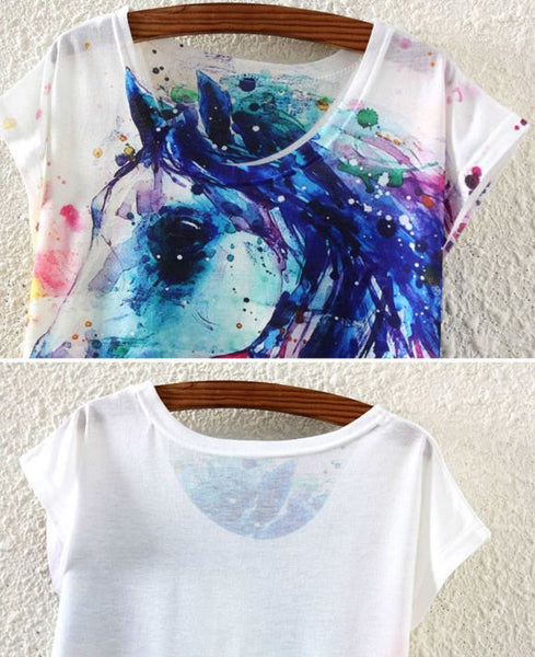 T-Shirt d'été, femme - impression artistique cheval aquarelles