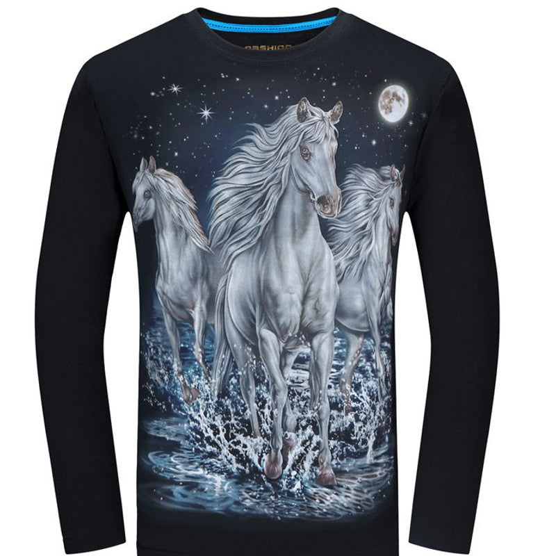 T-Shirt manches longues - Impression Chevaux étoiles et clair de lune Noir