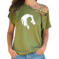 T-Shirt femme manches courtes - impression cheval et cavalière - Col décentré