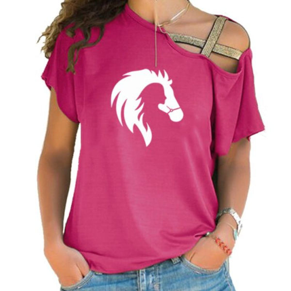 T-Shirt femme manches courtes - impression cheval et cavalière - Col décentré