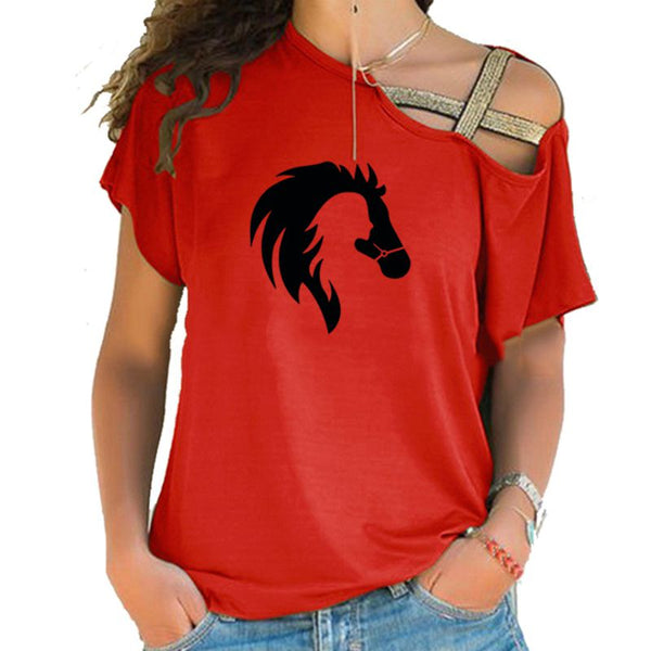 T-Shirt femme manches courtes - impression cheval et cavalière - Col décentré