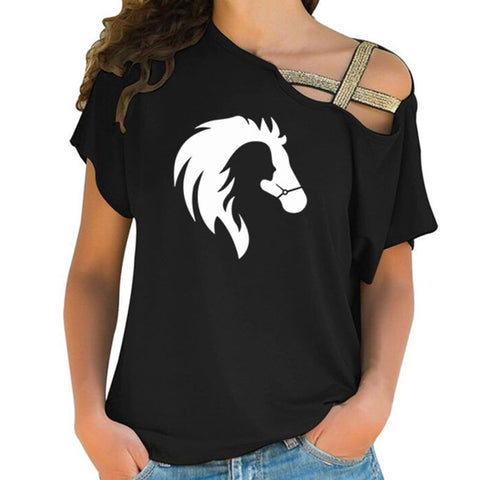T-Shirt femme manches courtes - impression cheval et cavalière - Col décentré