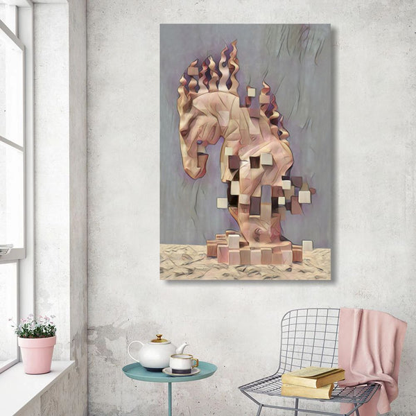 Tableau impression sur toile - Cheval sculpture moderne bois et cubes