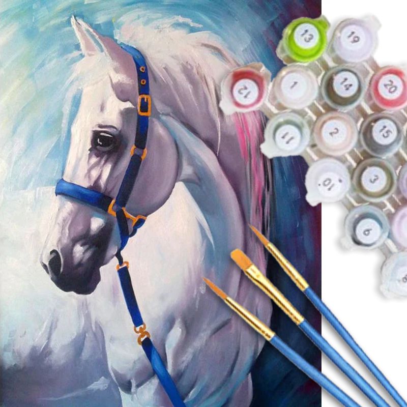 Tableau cheval dessiné à peindre soi-même avec peinture, pinceaux et e Tableau cheval dessiné à peindre soi-même avec peinture, pinceaux et e