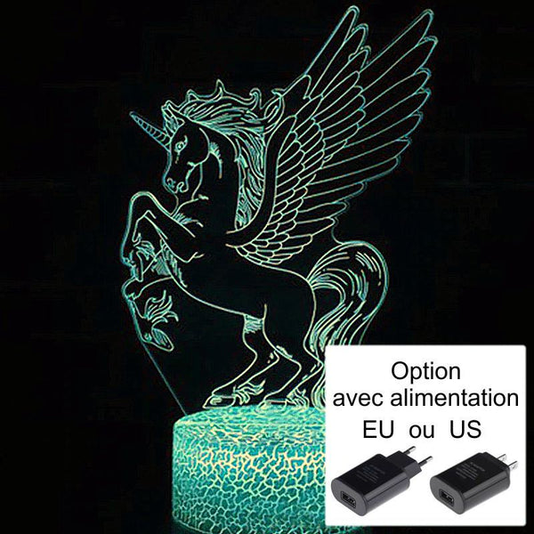 Veilleuse Cheval Grande Licorne 3D Laser led multicolore Option télécommande