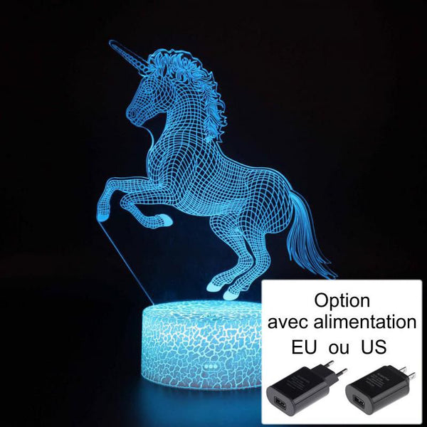 Veilleuse Cheval Licorne debout 3D Laser led multicolore Option télécommande