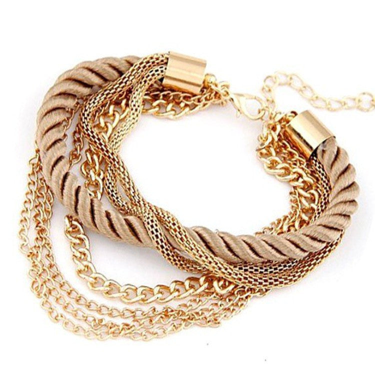Bracelet Mode - Chaines dorées et corde de satin