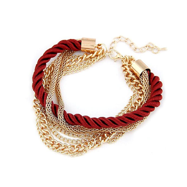 Bracelet Mode - Chaines dorées et corde de satin